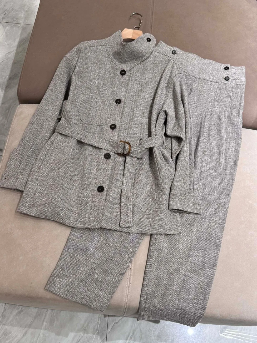 Autumn 2024 Women's Pants Suit Wool Cotton Linen Blended Single Breasted Jacket + High Waist Straight Trousers 2-Piece Set