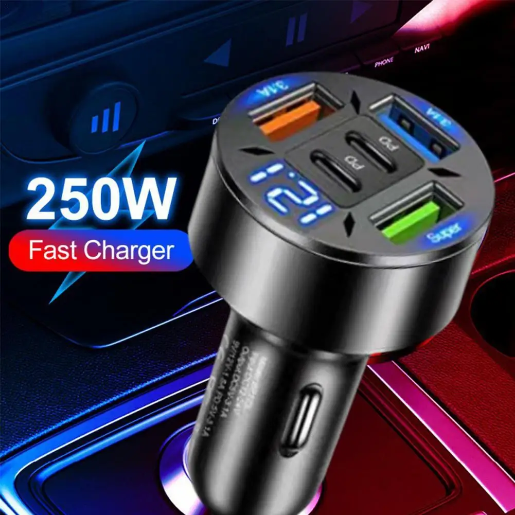 1pcs Car Charger 4usb PD 250W  Type C Fast Charging Auto Mobile Phone Adapter For IPhone QC 3.0