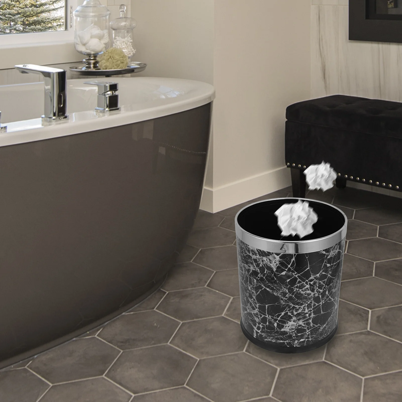 

Stainless Steel Trash Can Kitchen Garbage Cans Marbling Living Room with Cover Modern Dorm for