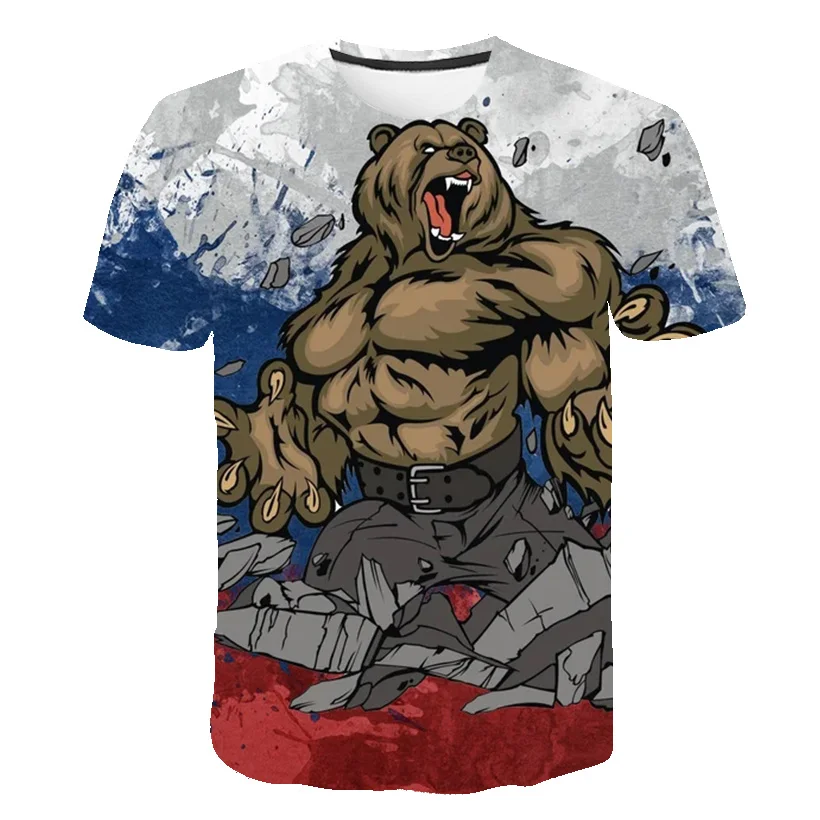 Summer Russian Personality T-shirt Men's Fitness Bear Short-sleeved Three-dimensional 3d Printing Anime Casual Plus Size Top