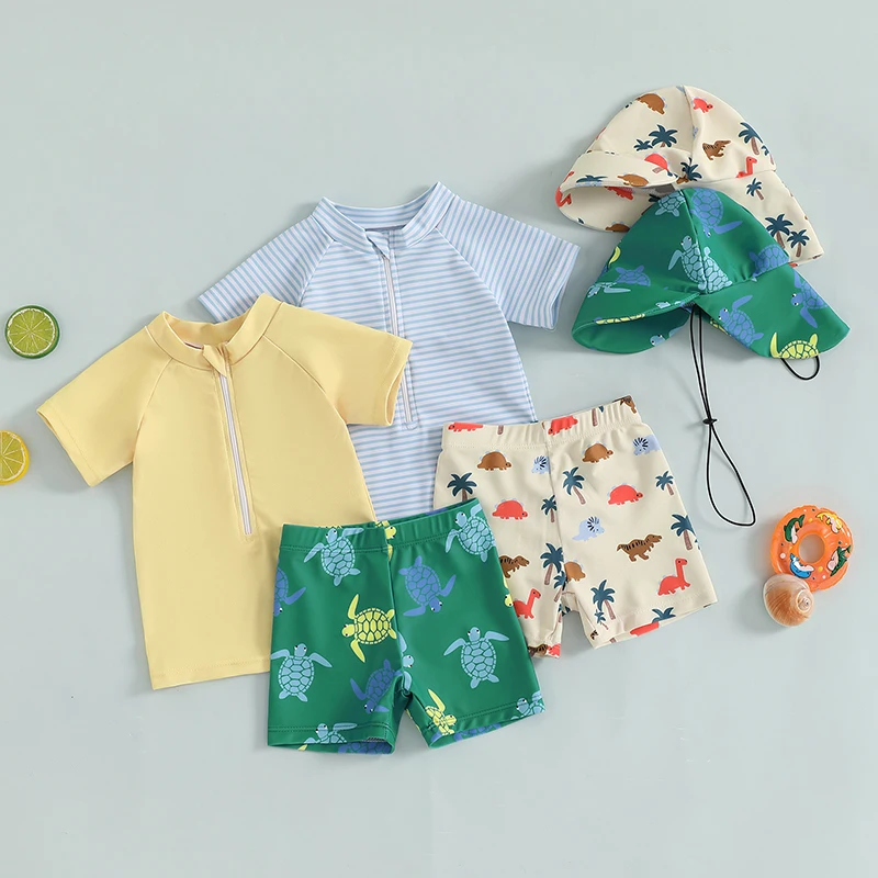 3pcs Baby Boys Turtle Pattern Swimsuit Set Zip T-shirt & Swim Trunks Stretchy Surfing Suit for Summer Beach Vacation