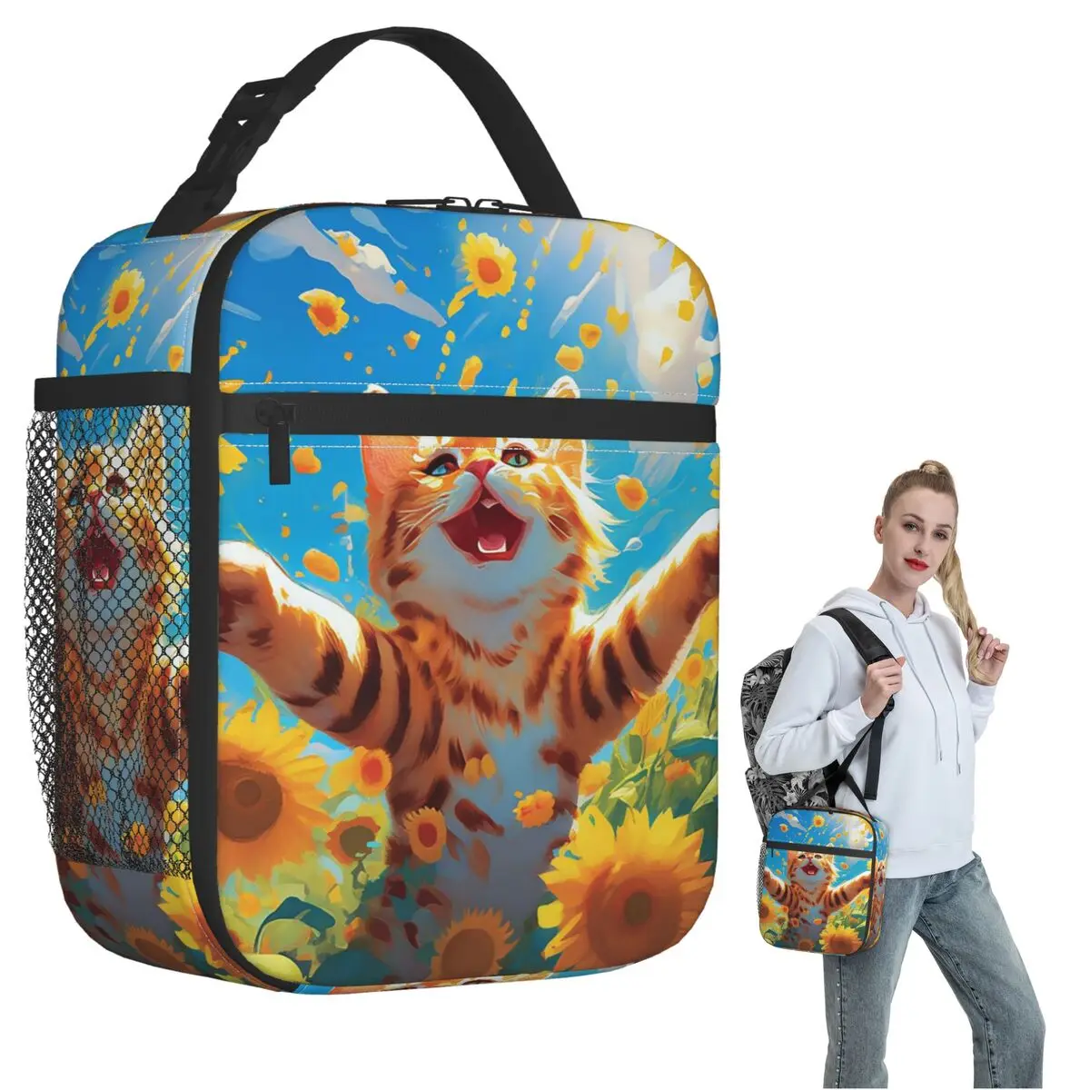Sunflowers Surround Cat Pattern Insulated Lunch Bag for Women Children Portable Food Boxes Thermal Lunch Box Tote