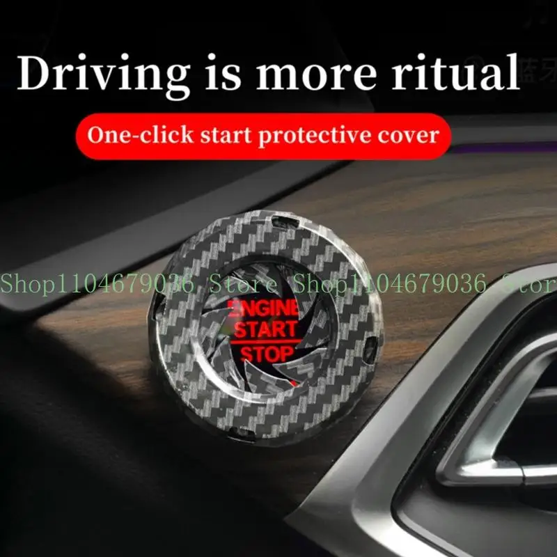 652F Car Push Start Button Cover, Carbon Fiber ABS Trim Accent with Clip-On Install for Interior Accent and Button Surround