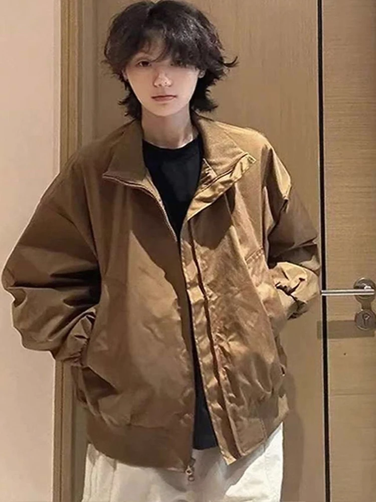 

Retro American Brown ort Jaet Men's Autumn Collar Cleanfit Pilot Coat Loose Fit Non-iron Treaent Polyester Nylon Cos...