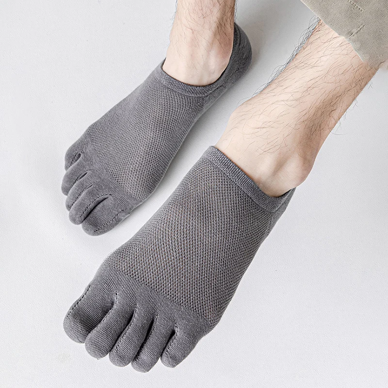 3Pairs Running Men\'s Open Toe Socks Elastic Short Solid Cotton Sweat-absorbing Man Five Finger Invisible Low Cut Boat Ankle Sock