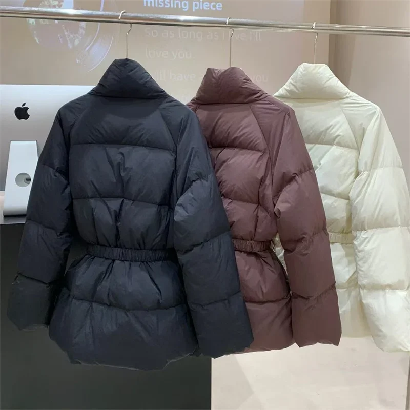 Fashion 2024 Winter New Belt Waist-Tight Elegant Socialite Warm Down Jacket Long Sleeve Solid Color V-neck Coat Feminine Tops