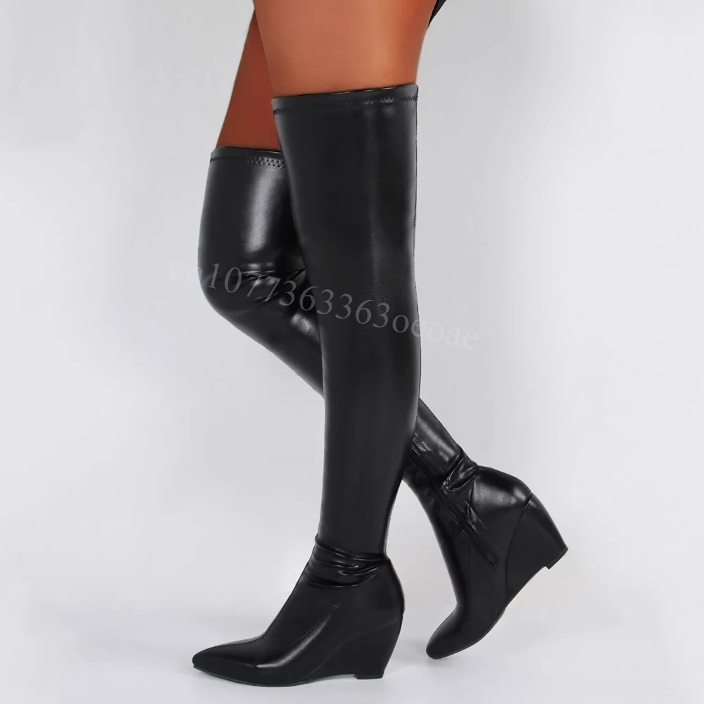 

Black Skintight Wedges Heels Boots Patent Leather Thigh High Shoes for Women Pointed Toe Fashion Shoe 2025 Zapatos Para Mujere