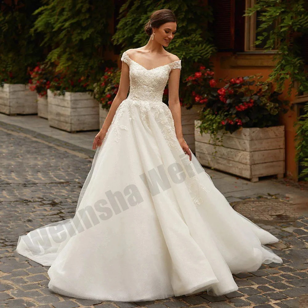 Vestido de novia con hombros descubiertos, cuello en V, apliques de cuentas, corsé de corte de línea A, vestido de novia con purpurina, recién llegado