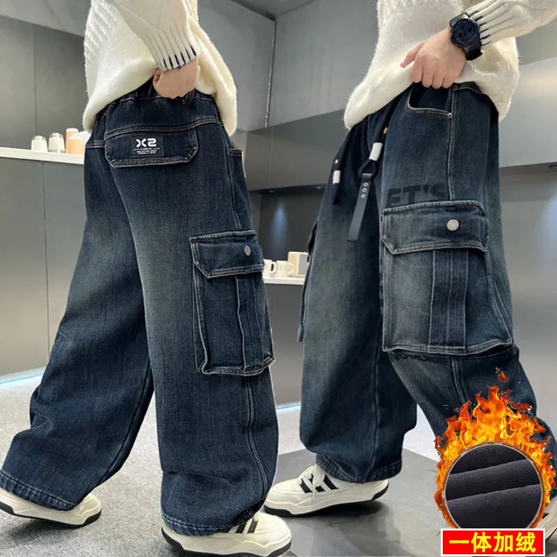 بنطال جينز للأولاد سميك قطعة واحدة مخملي 2025 سروال دينم فضفاض على الموضة للأطفال جديد لملابس الخريف والشتاء #2