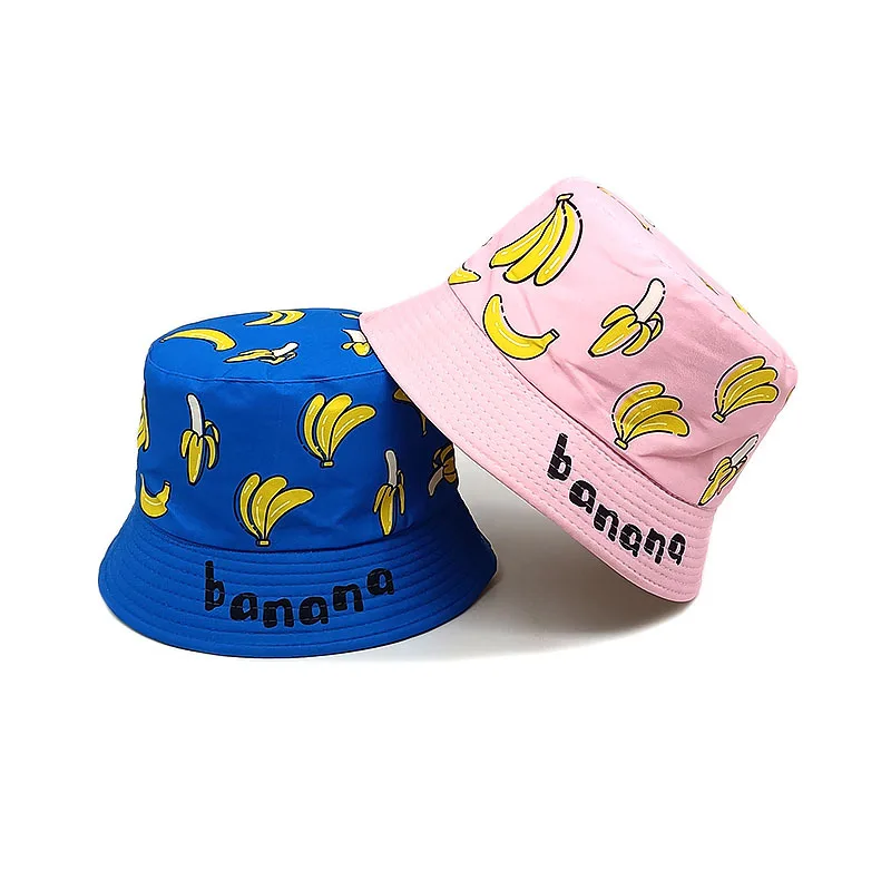 Bocca Banana Pattern Bucket Hat Children Fisherman Hats Cartoon Panama Panama Cap 54cm Boy Girl Kid Double Sides Outdoor Sun Cap