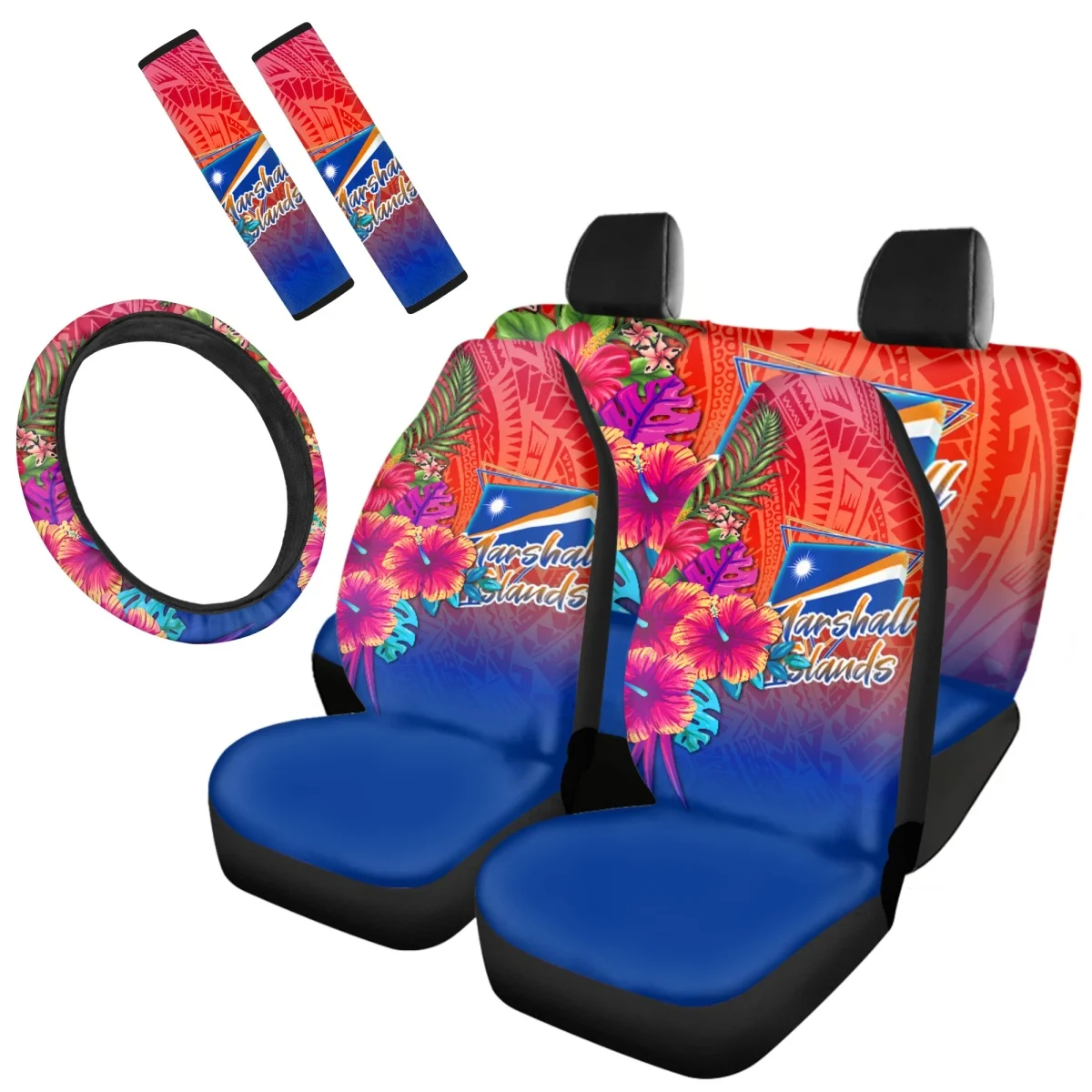 Polynesian Hibiscus Flower Pattern Auto Accessories SeatBelt Steering Wheel Covers Car Front Rear Seat Covers Brand Design DIY