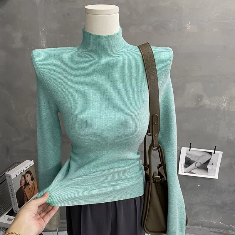 نصف الياقة المدورة ضئيلة سترة المرأة قاع قميص الخريف الشتاء جديد طويل الأكمام ضيق أعلى تنوعا منتصف طوق البلوفرات