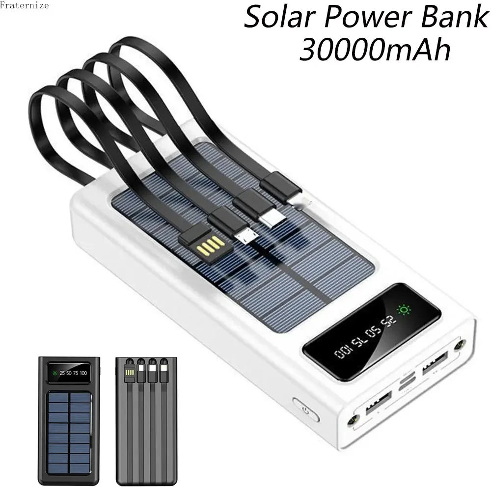 

30000mAh Solar Power Bank Phone Quick Charging Powerbank External Battery Fast Charger for Xiaomi iPhone Sumsung Built-in Cables