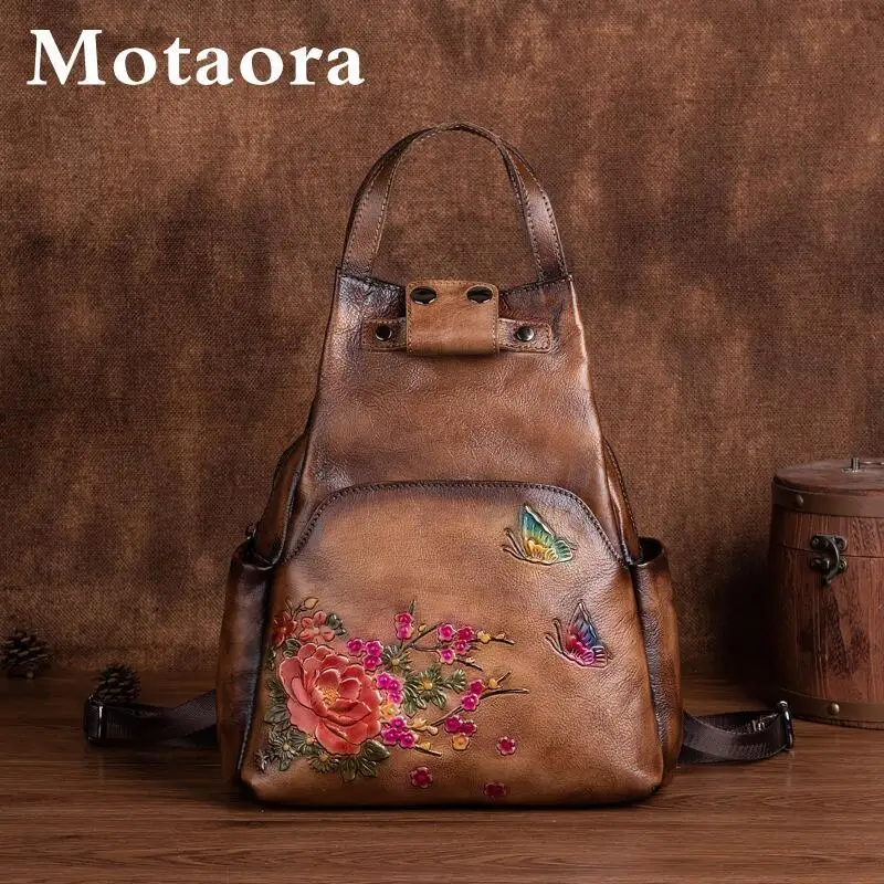 MOTAORA 2025 New Retro Embossed Genuine Leather Women's Backpack | Large Capacity Chinese Style Leather Bag for Ladies