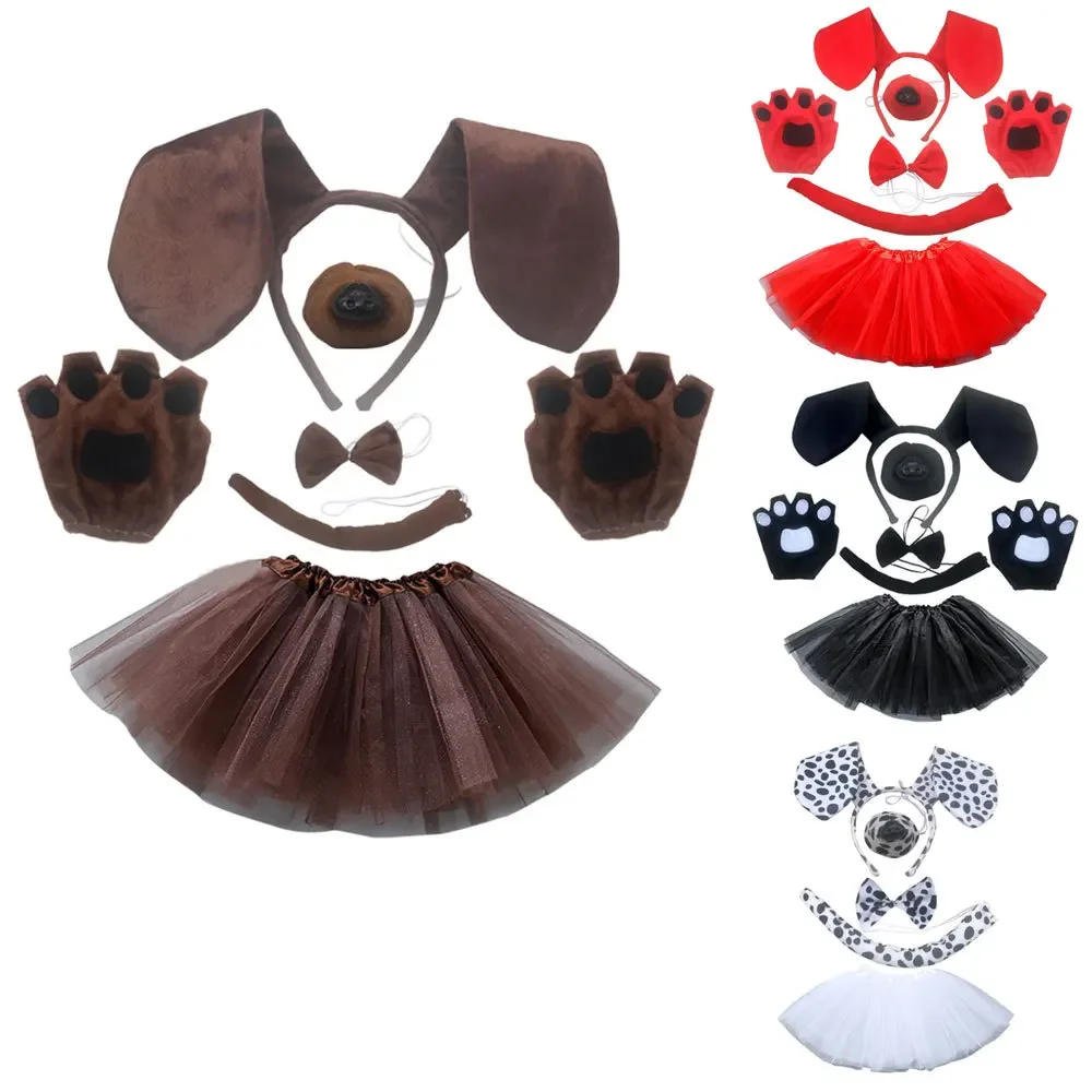 Red Brown Dalmatian Dog Ears  Animal Headband Bowtie Tail Tutu Skirt for Kids Girl Birthday Party Gift Halloween Costume Cosplay