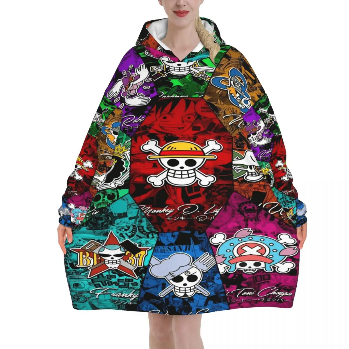 Oversized One Piece Anime Manga Luffy Wearable Deken Cadeaus voor Vrouwen Mannen Ultrasoft Pluche Warm Sweatshirt Dekens Met Zak - afbeelding 1