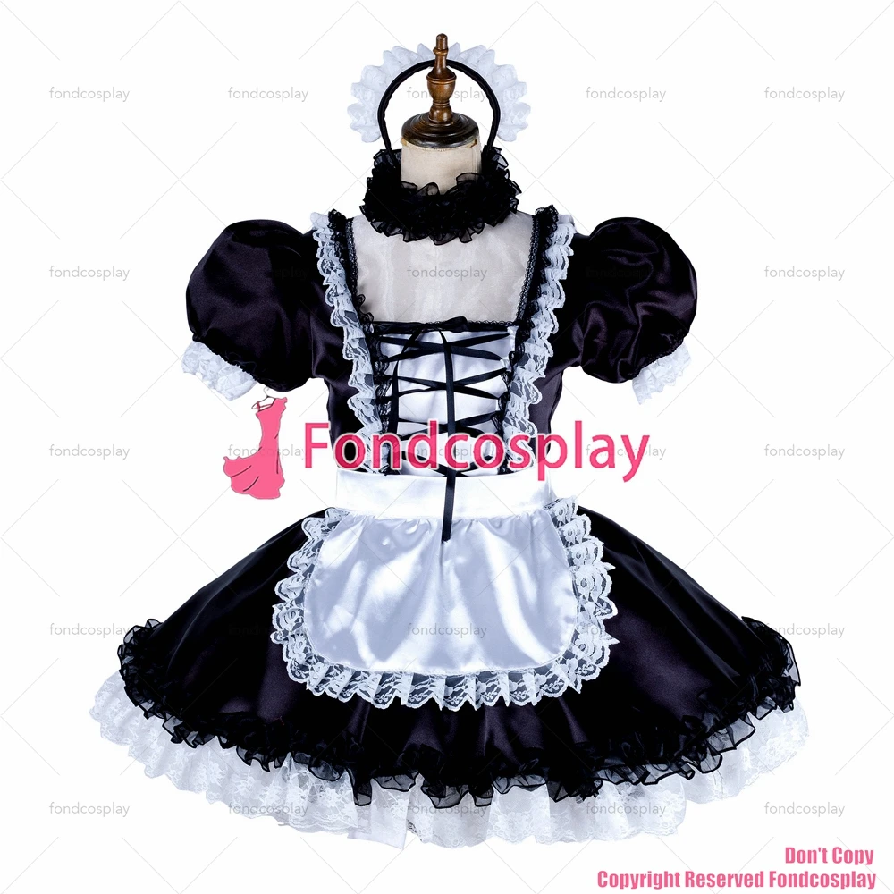 fondcosplay adult sexy cross dressing sissy maid short lockable black Satin dress Uniform white apron costume CD/TV[G1998]