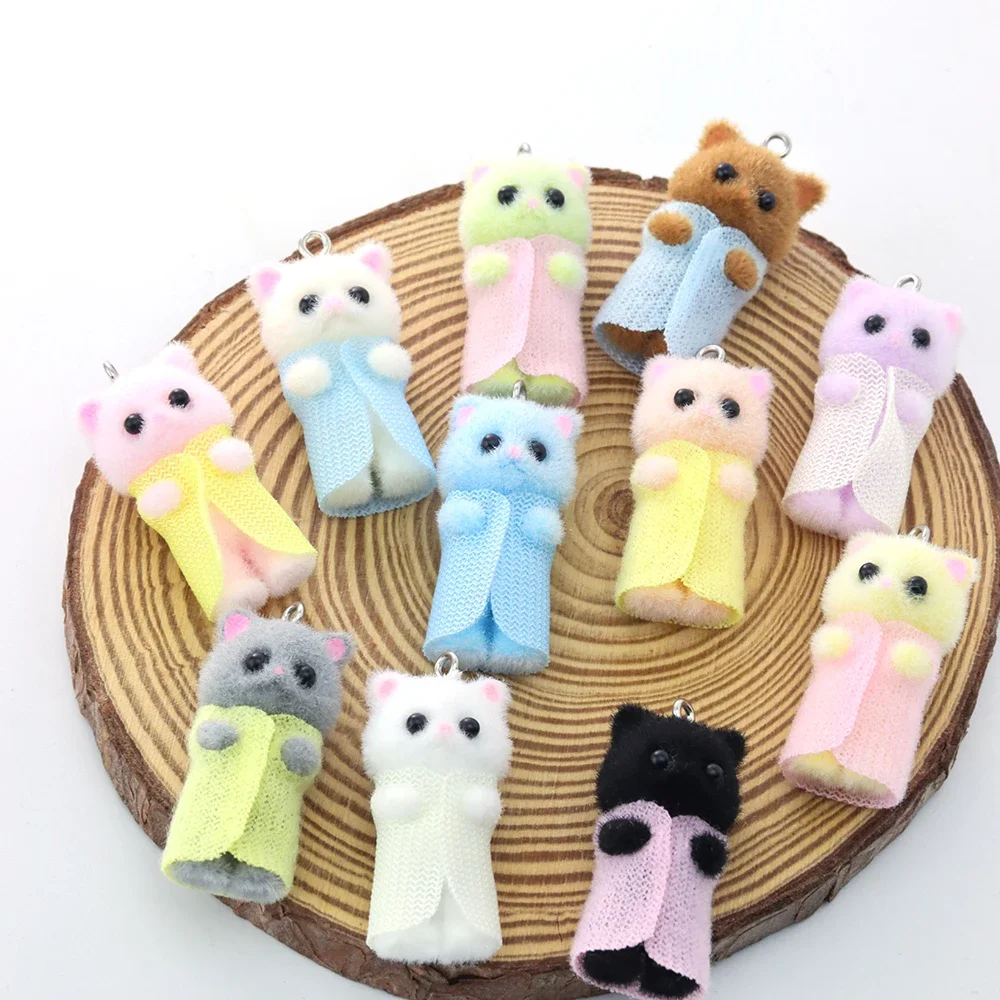 

30pcs Flocking Resin Kawaii Kitten Charms Animal Fluffy Doll Pendants for Necklace Keychain Making DIY Craft Jewelry Accessories