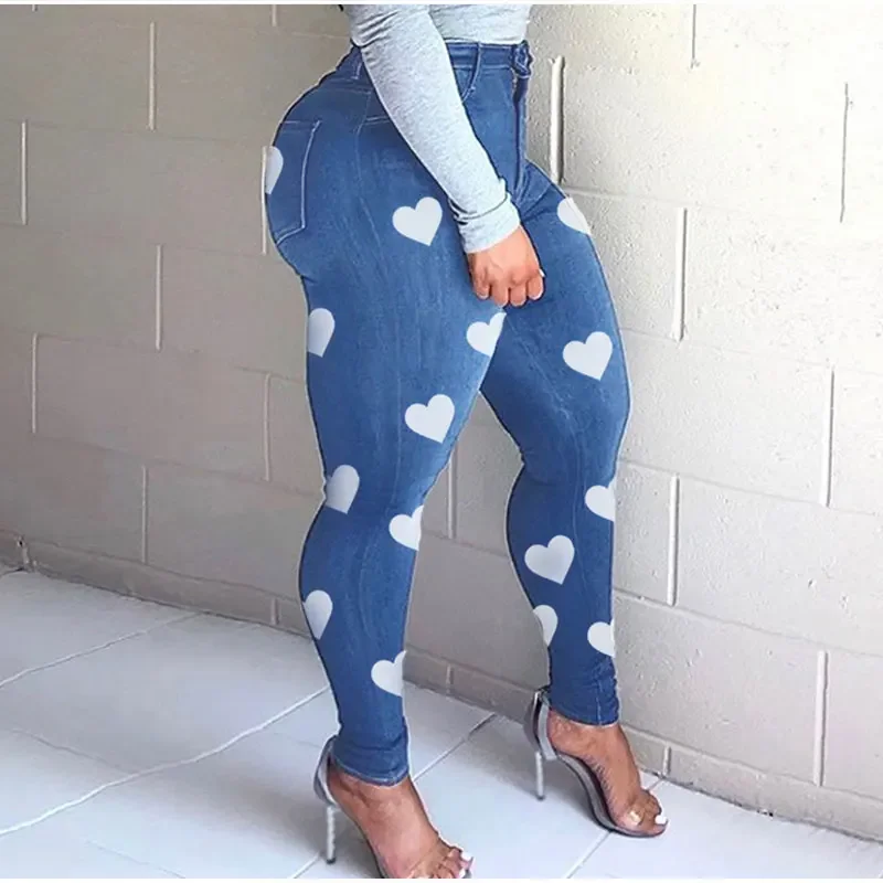 

Blue High Stretch Sexy Skinny Pencil Jeans Women's New Y2K Plus Size Printed Heart Shaped Jeans Mommy 2XL Retro 2022 Streetwears