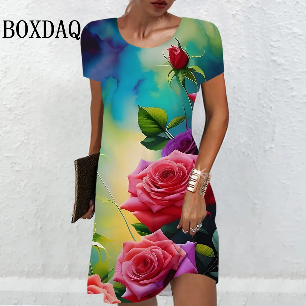 Fashion Floral Print Women Dress Summer Loose Clothing Casual O-Neck Short Sleeve Party Dresses Elegant Ladies New Mini Dress ﻿