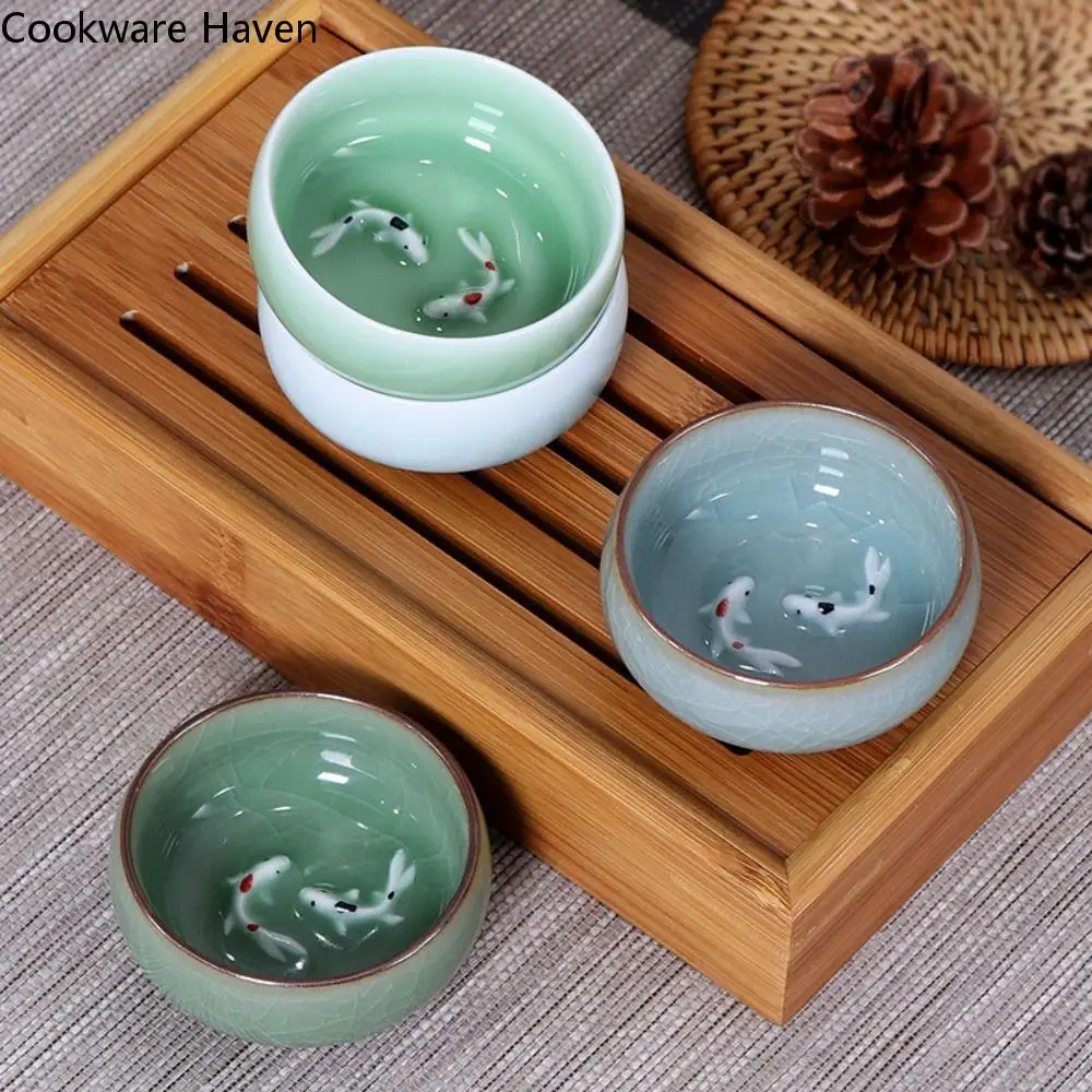 

Crackle Golden Fish Celadon Porcelain Teacups 60ml Kungfu Longquan Tea Cup Bowl delicate serviceable Chinese tea cup Tea Making