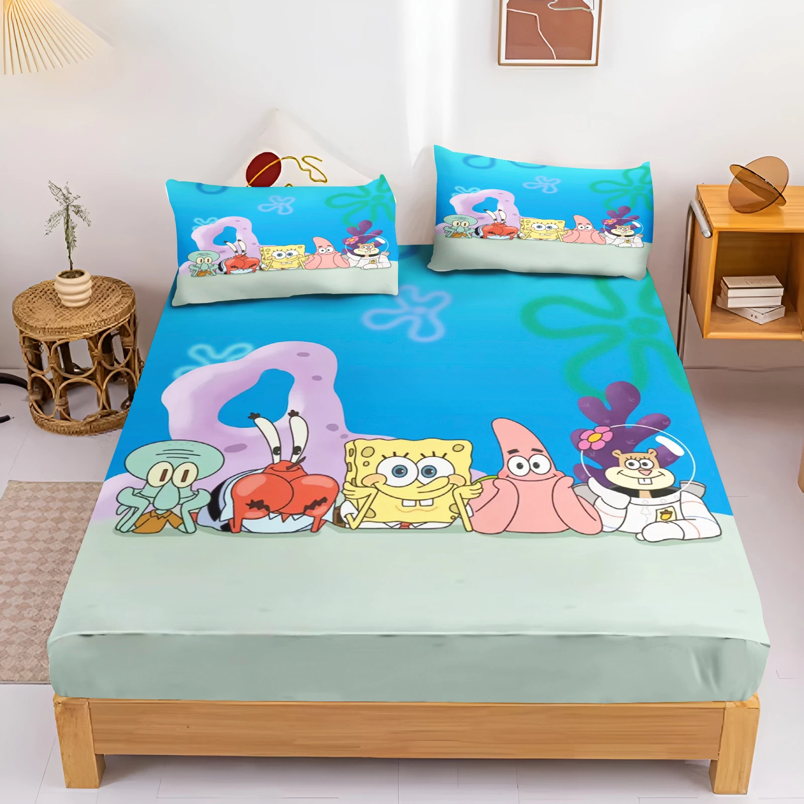 SpongeBob Cartoon Fitted Sheets, Anime Yellow Printing, Cute Children's Bedroom Pillowcase Set, Polyester Adult Gift