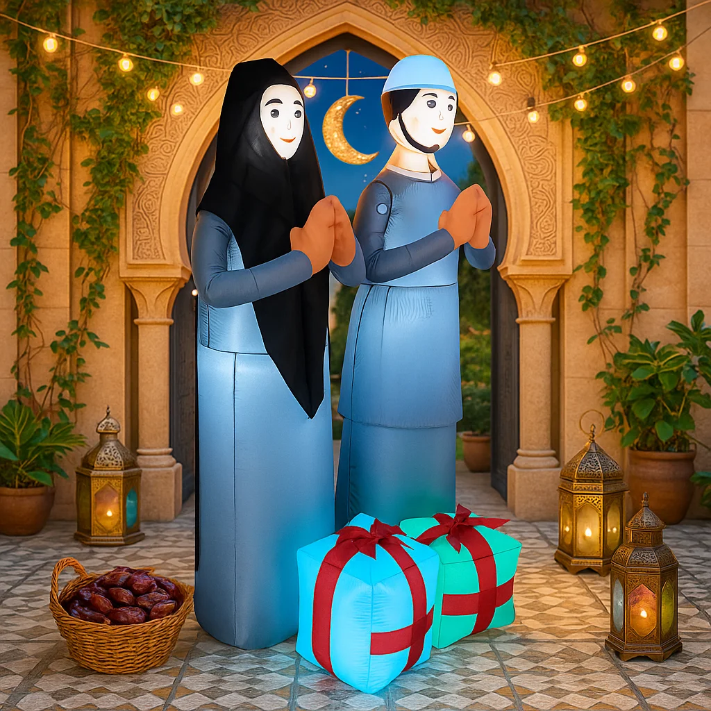 

1.8M/6FT Ramadan Inflatable Praying Figure Decor Muslim Themed Blue Outfit Crescent Lantern Islamic Ramadan Inflatable For Yard