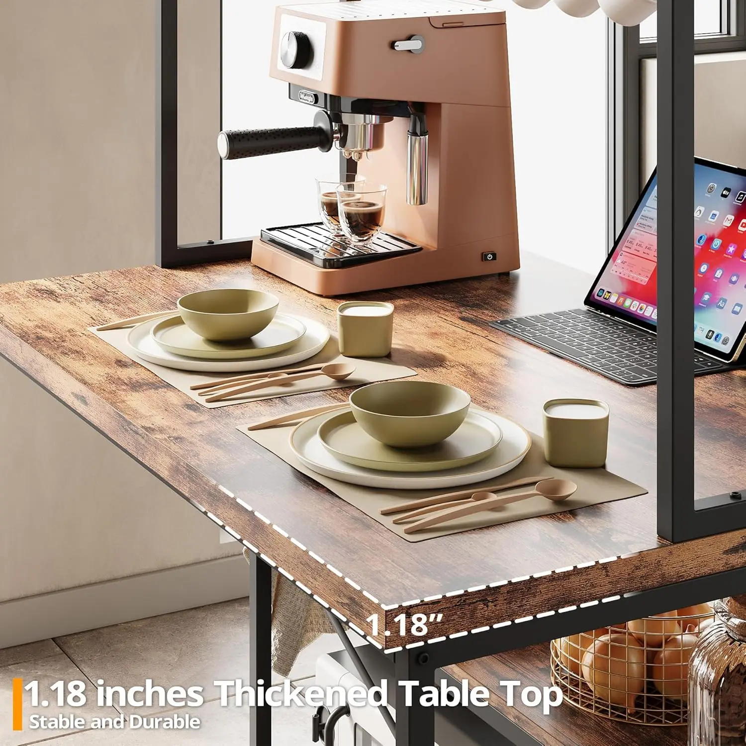 جزيرة المطبخ مع البراز، مجموعة طاولة الطعام، طاولة القهوة الصناعية، 10 خطافات، بني عتيق