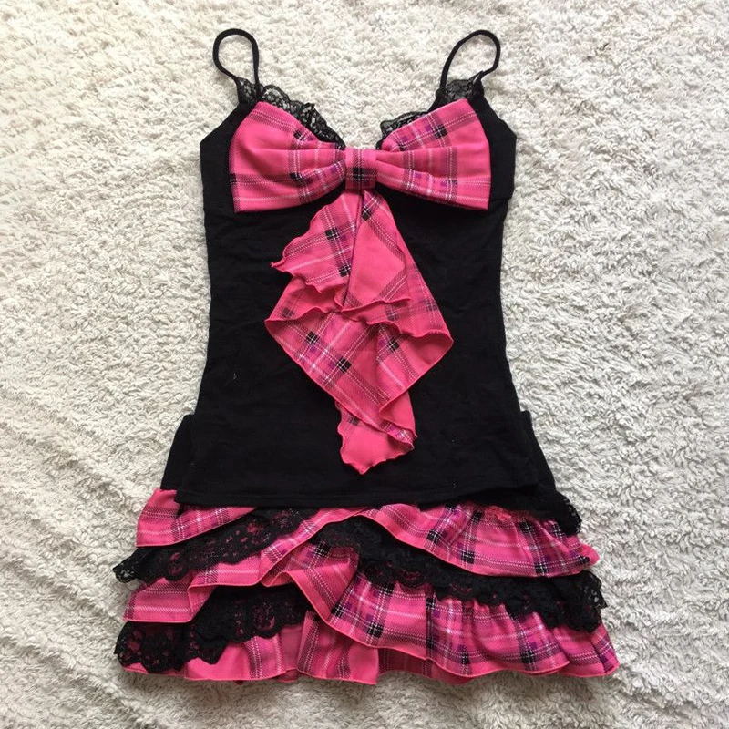 Vestido Chic Punk Y2K con Estampado Gráfico, Falda de Tirantes Goth Rock Vintage Hiphop Sexy con Pliegues, Streetwear de Verano