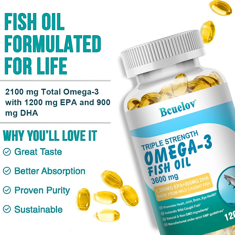 Omega 3 Fish Oil Supplement - 3600mg Per Serving, 1200mg EPA & 900mg DHA, Support for Heart & Brain Health, NON-GMO Capsules