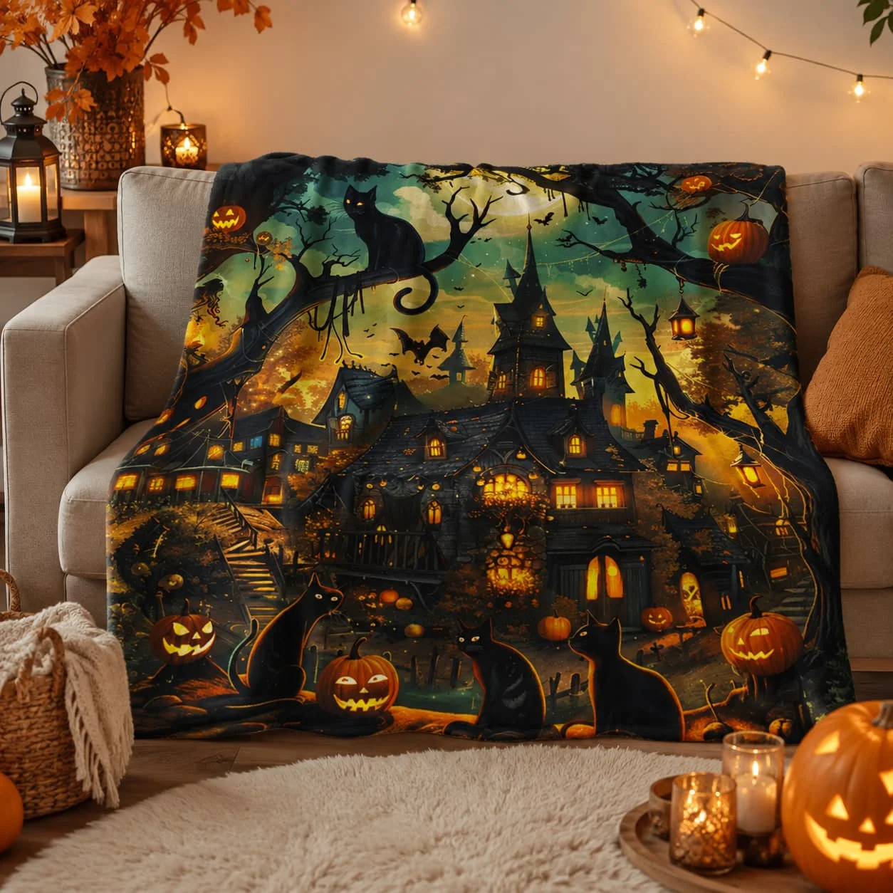 Pumpkin Cat Halloween Sherpa Blanket, Haunted House Decor