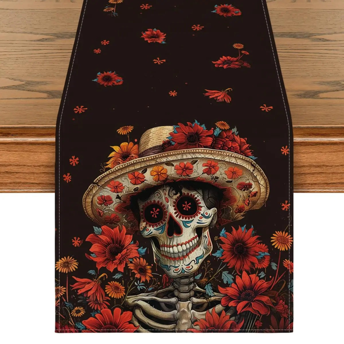 

Flowers Sombrero Hats Sugar Skull Day of The Dead Table Runner,Dia De Los Muertos Mexican Kitchen Dining Table Decor for Home