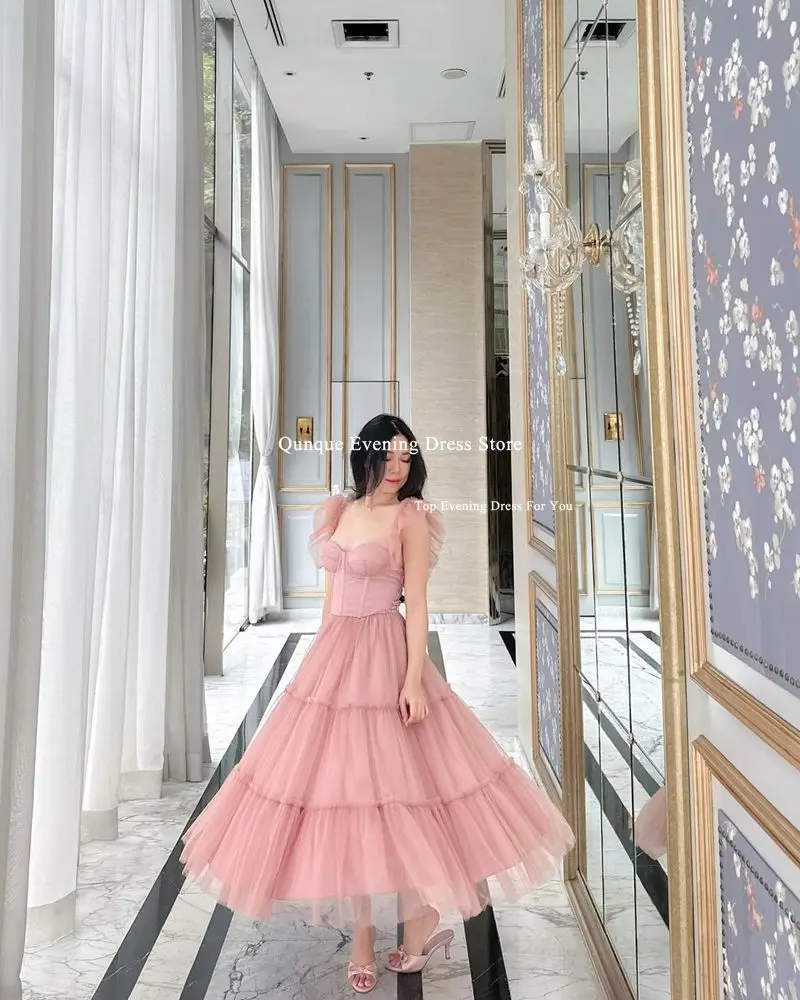 Qunque Straps Tulle Formal Prom Dresses Customized Skirt Ruched A Line Evening Gowns فساتين سهرة Women Cocktail Robes De Soirée