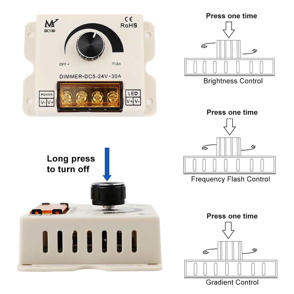 Pokrętło ściemniacza LED i przycisk 3 w 1 DC5V/12V/24V 30A Kontroler ściemniania PWM 3 tryby ściemniania dla jednokolorowej taśmy LED COB 3528 5050