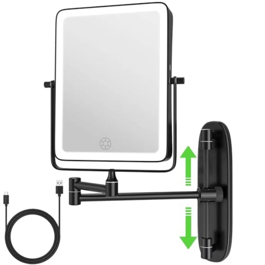 

Wall Mounted Lighted Makeup Mirror Rectangle Double Sided 1X/10X Magnifying Bathroom Height Adjustable Mirror 6000mAh Rechargea