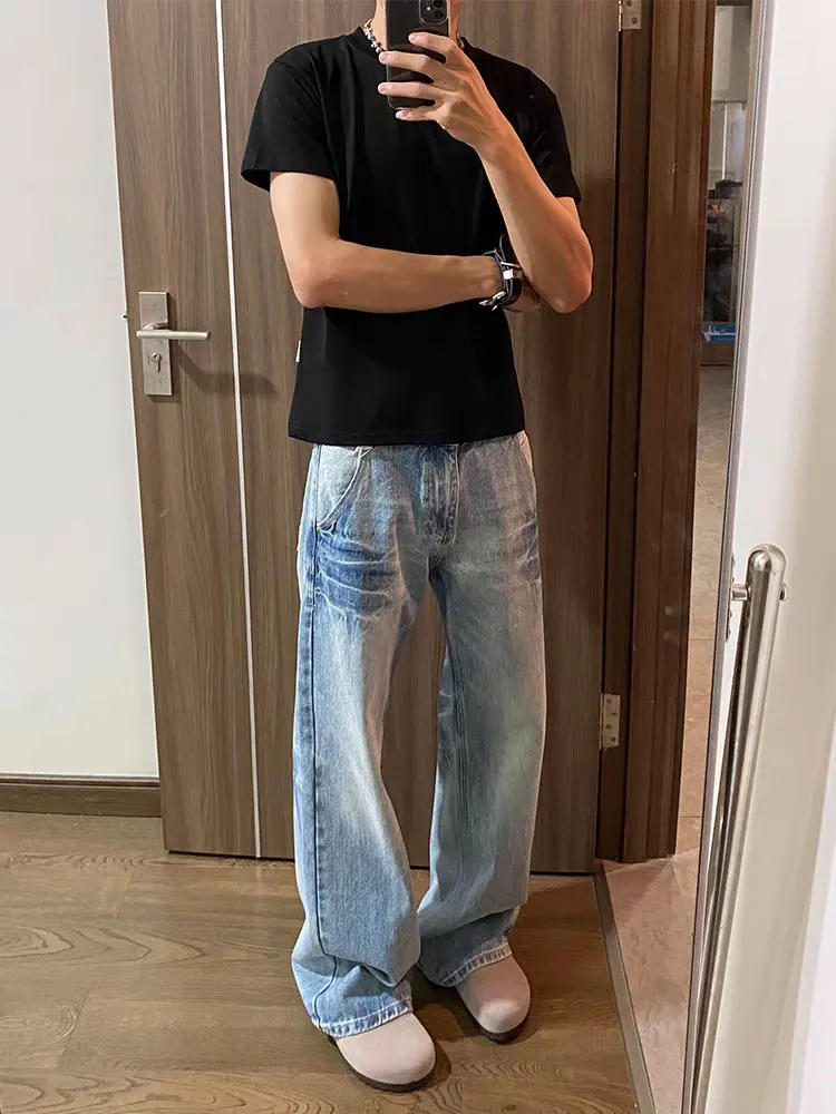 بنطلون جينز ريترو أمريكي متوهج فضفاض مستقيم الساق مايكرو متوهج كاجوال للرجال والنساء