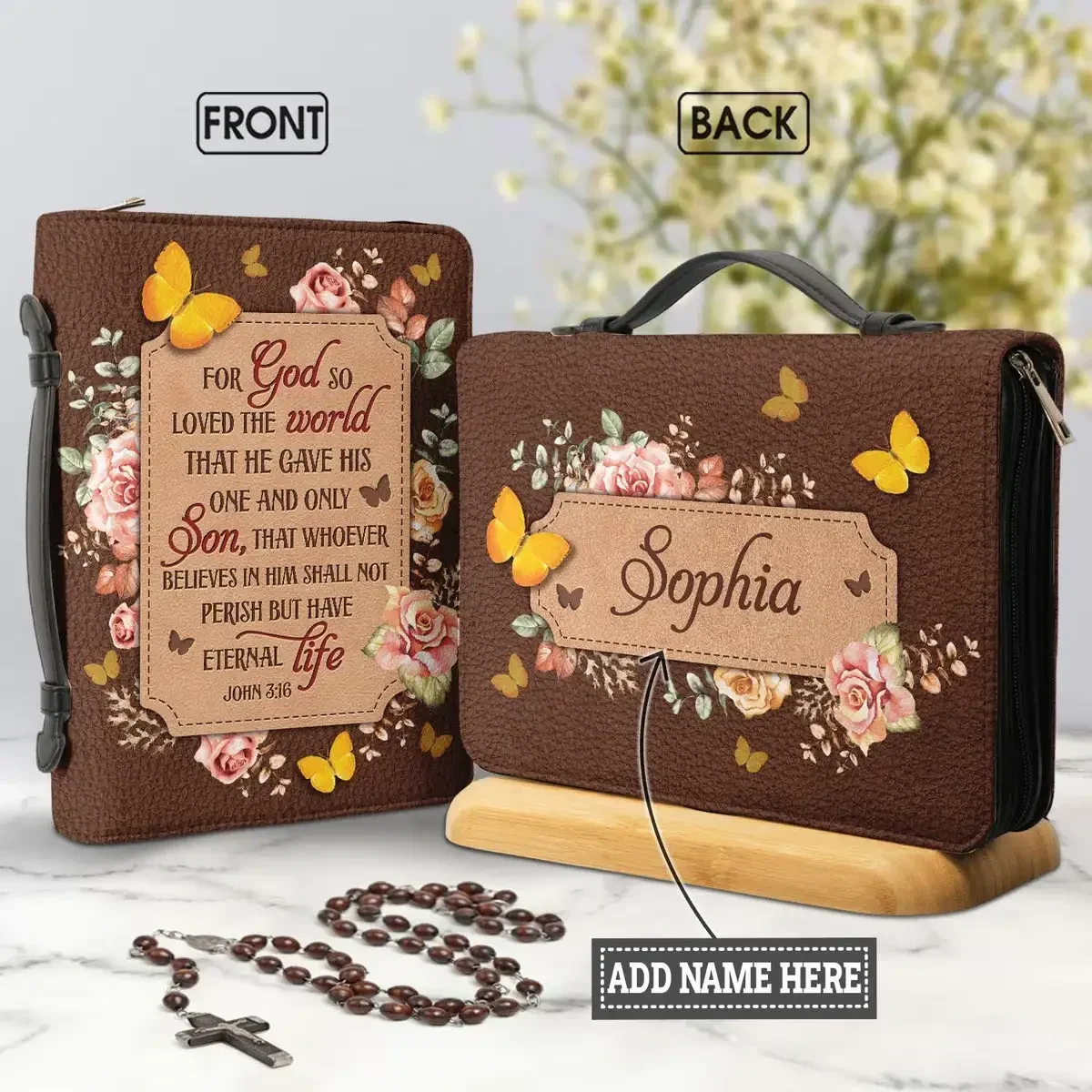 

2024 Womens Personalized Bible Bag For God So Loved John 3 16 Butterfly Flower Design Bible Cover Leather Holy Storage Boxes