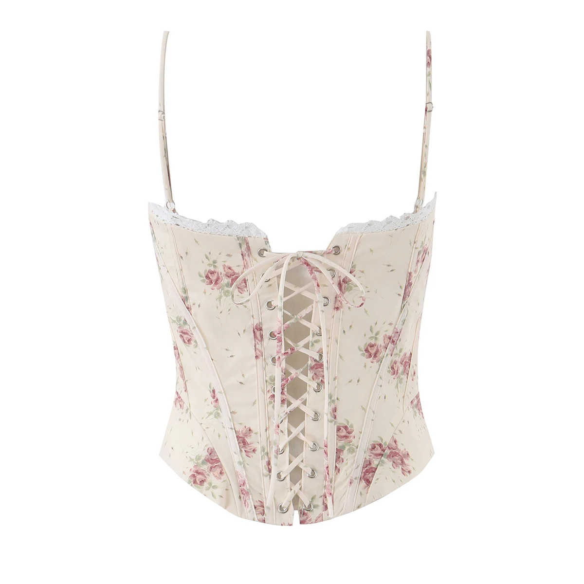 DUOPERI Women Cream Rose Print  Spaghetti Strap Cami Top Square Neck Boned Corset Camisole  Casual Sweet Layering Top