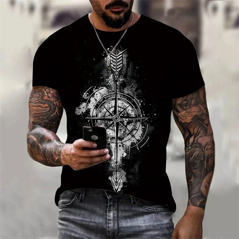 

Vintage Men's T-shirt Summer Short-sleeved O-neck 3d Compass Print Tee Shirts Oversized Men Clothing Casual Streetwear Male Tops