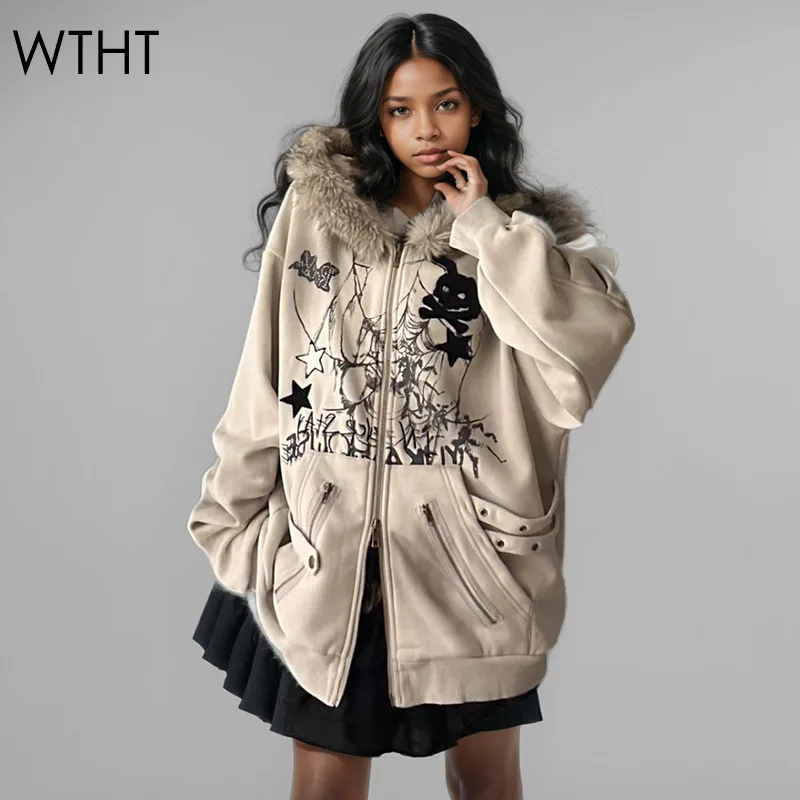 WTHT Fashion New Women's Rabbit Ears Design Plush Hooded Print Warm Coat 2024 Winter Pockets Casual Jacket Female 1LS508