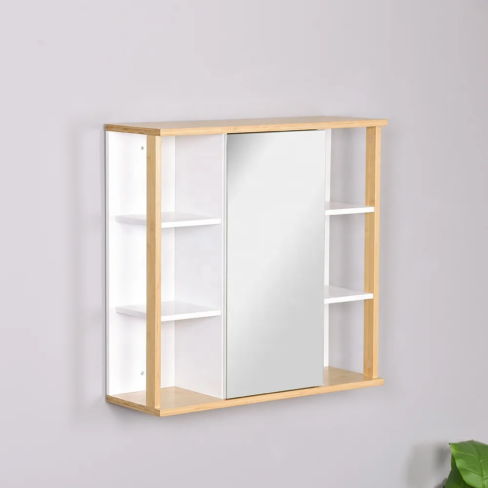 Manufacture Bamboo Wall Shelf Display Shelves Wall Mounted Mirror Cabinet with Organizer Storage Cupboard and Adjustable Shelf