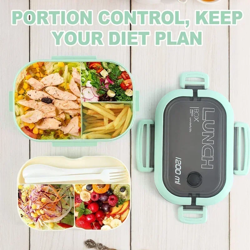 New Portable Lunch Box 2 Layer Grid Children Student Bento Box with Fork Spoon Leakproof Microwavable Prevent Odor School Office