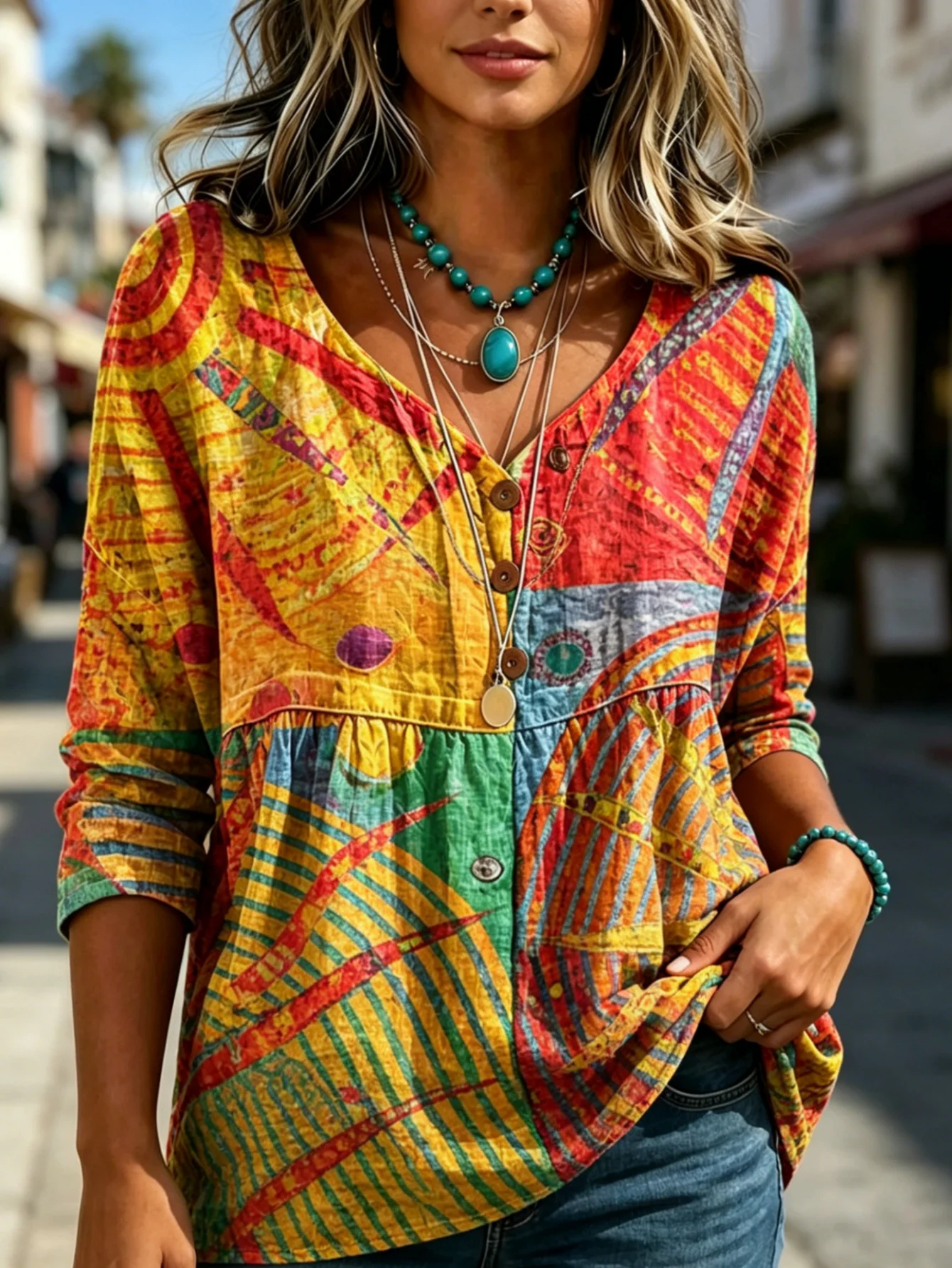 Women Red Yellow Color Block Abstract Print V Neck Half Button 3/4 Sleeve Peplum Blouse Loose Babydoll Casual Daily Top