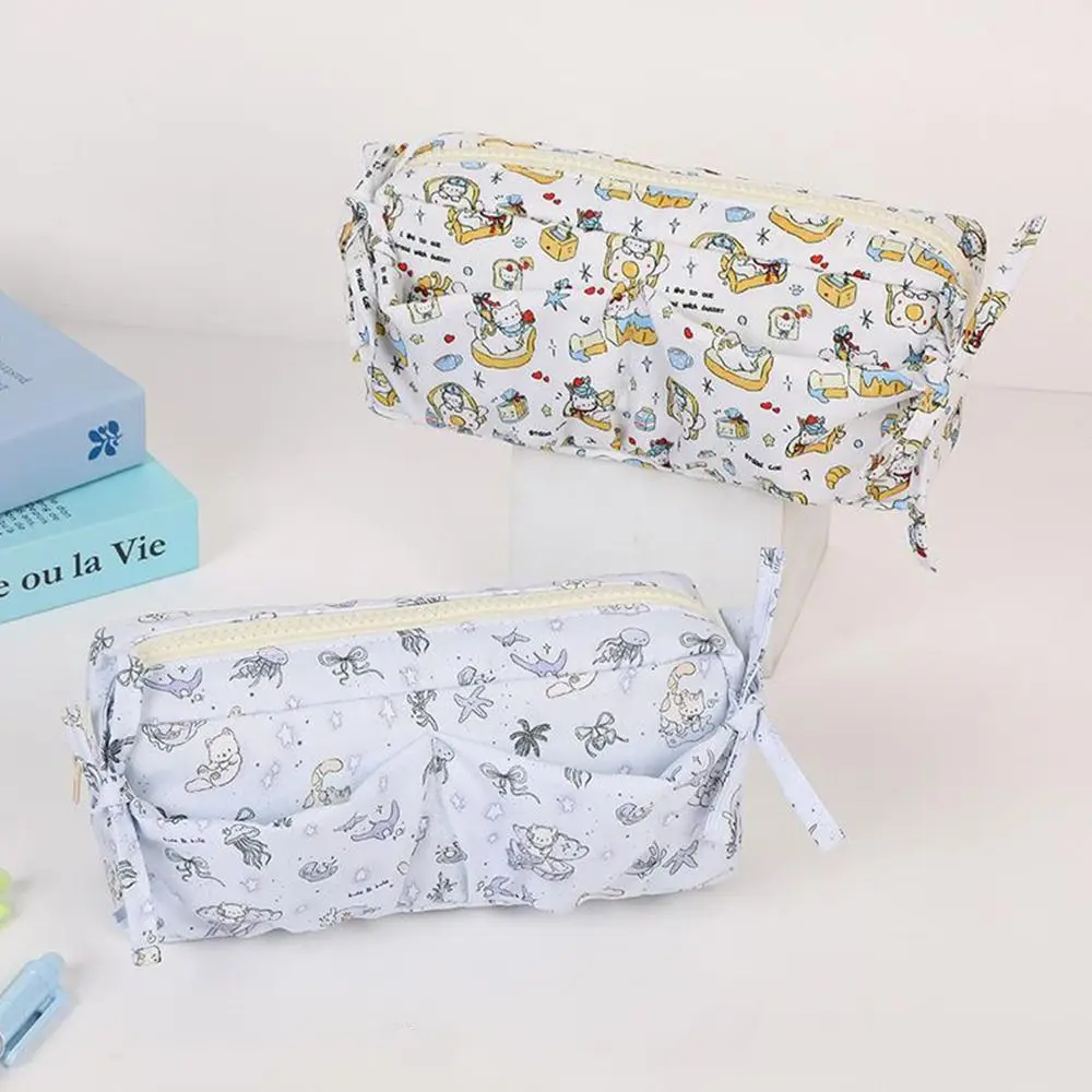 Durable Kitten Bowknot Pen Bag Large Capacity Multifunctional Stationery Bag Multilayer Stationery Storing Bag Students