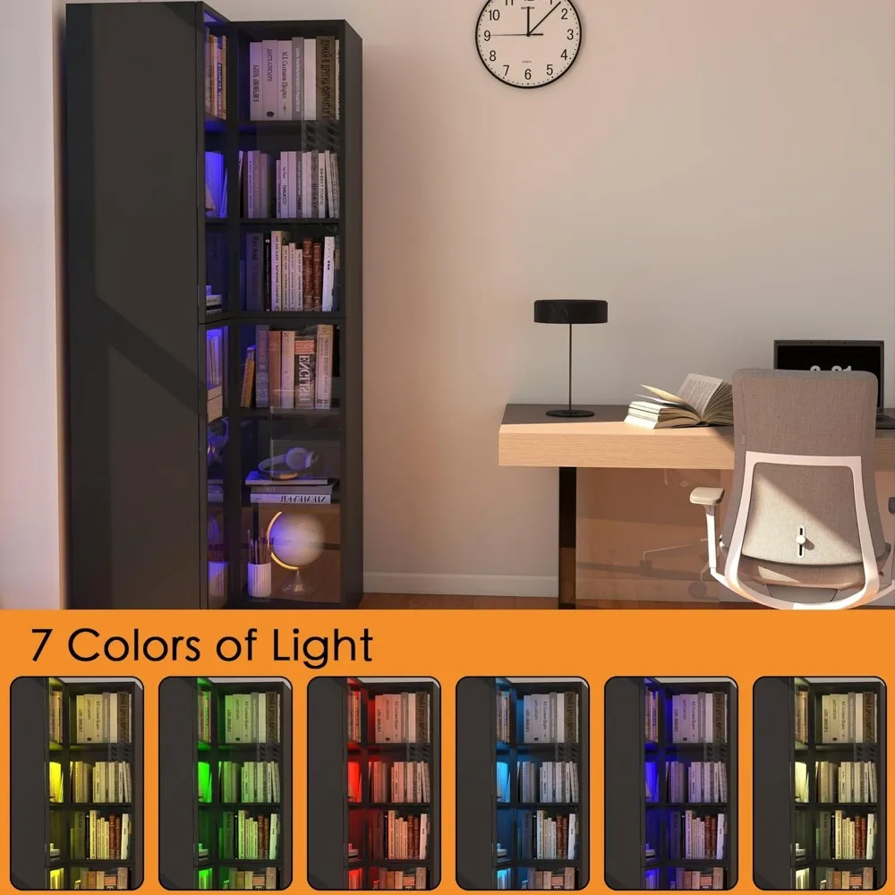 Libreria angolare moderna con ante in vetro: armadio portaoggetti a L, vetrina nera con illuminazione a LED