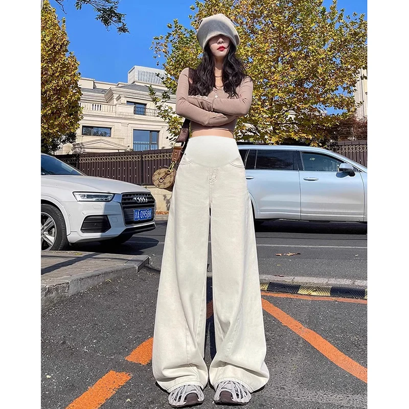 25SS الربيع الصيف الكورية موضة أبيض رمادي رقيقة الدينيم الجينز الأمومة واسعة الساق فضفاضة مستقيم السراويل الطويلة للنساء الحوامل