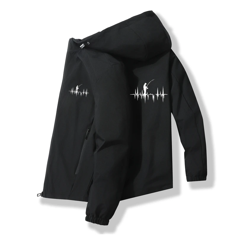 パーソナライズされたフィッシングハートビートプリントジャケットメンズトレンディなルーズフード付きコート春秋カジュアルスポーツウェアアウトドア日焼け防止
