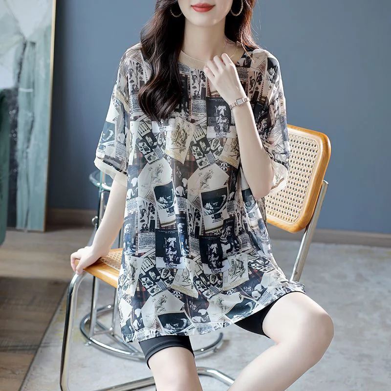 Vintage Printed O-Neck Spliced Loose Diamonds Blouse Women\'s Clothing 2023 Summer New Oversized Casual Pullovers Commute Shirt