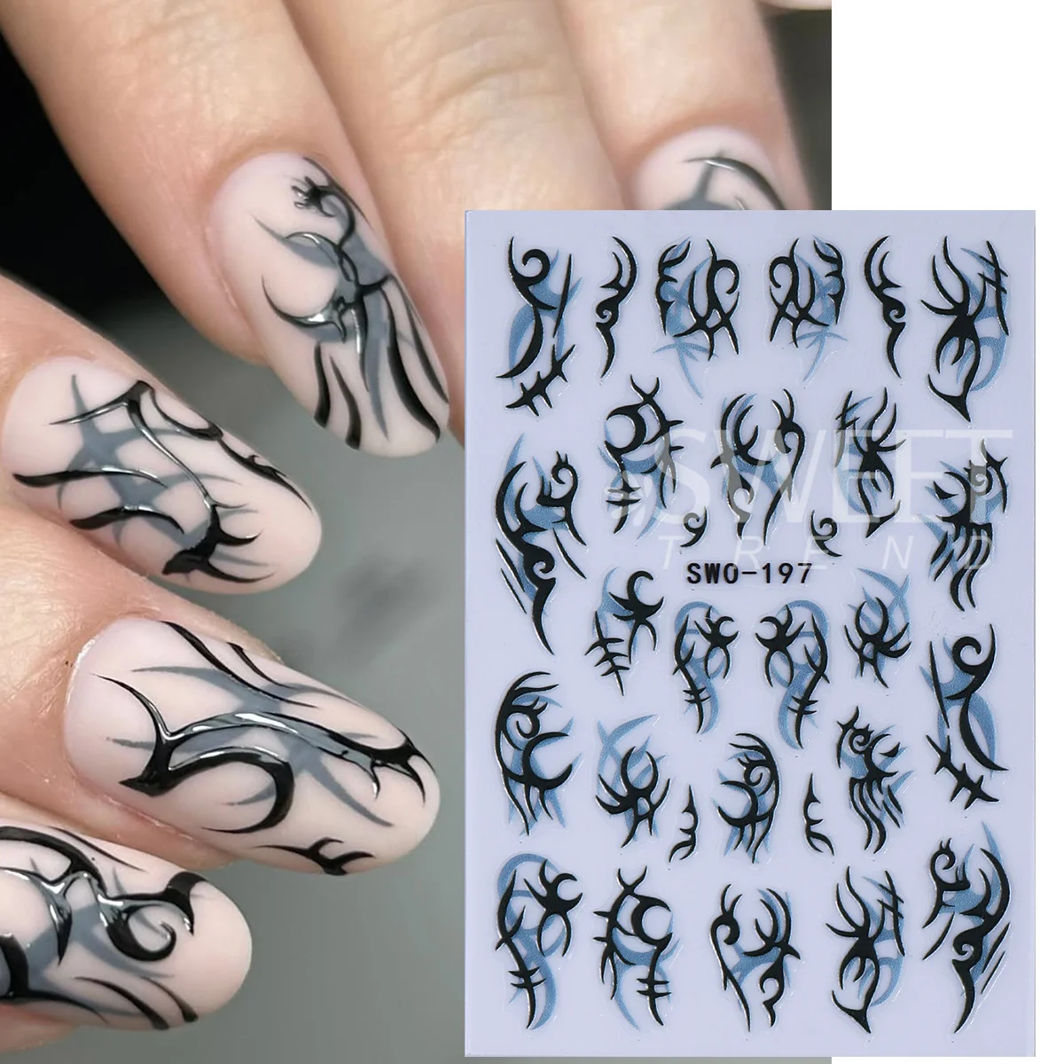 2pcs Black Gothic Tribal Matte Nail Stickers Thorn Vine Abstract Totem Line Adhesive Decals Punk Y2K Grunge Curve Manicure Decor