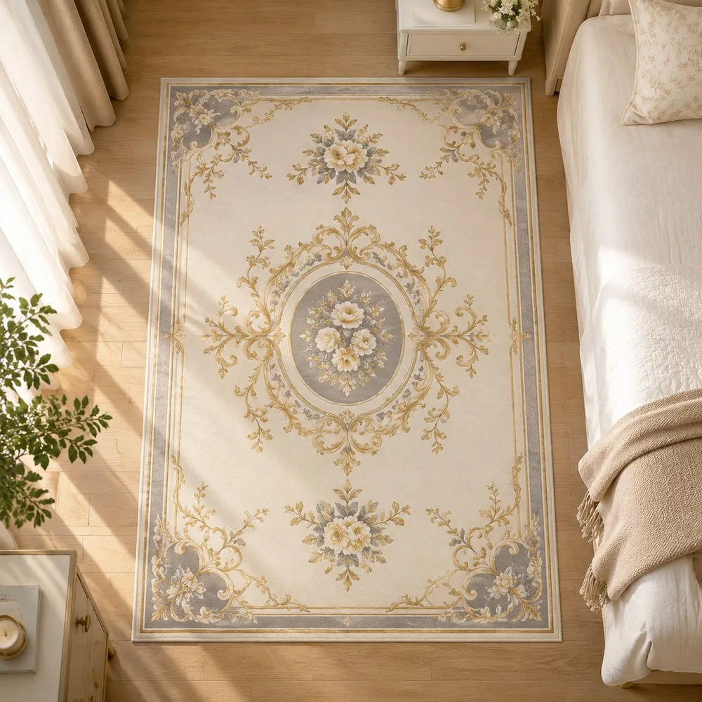 VIKAMA Area Rug Cream Ivory Gold Line Symmetrical Bloom Washable Bedside Laundry Room Staircase Master Bedroom Home Decoration